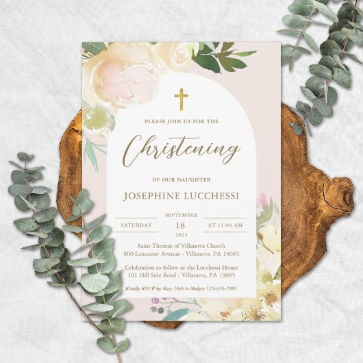 Invitation Romantique Arc Floral Filles Christening