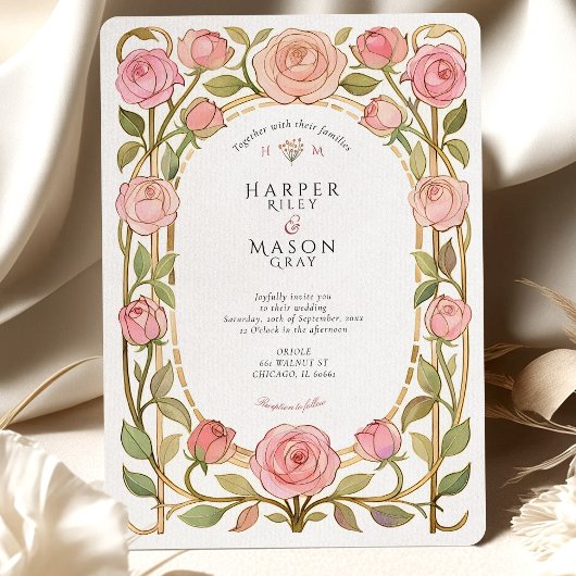 Invitation Romantique Art Nouveau rose Roses Mariage