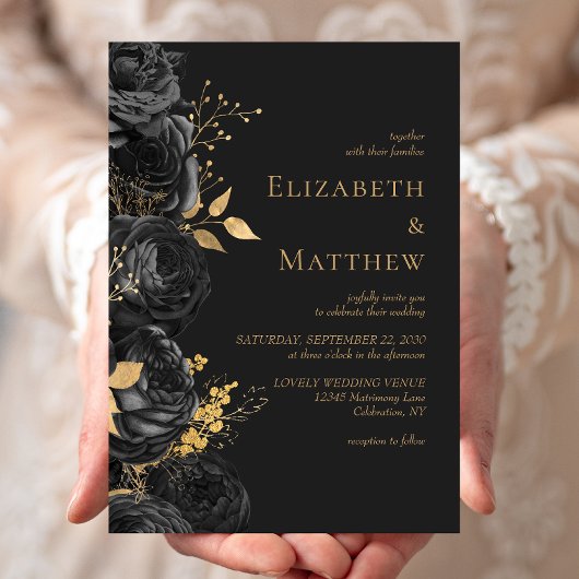 Invitation Romantique Black Gold Floral Mariage foncé