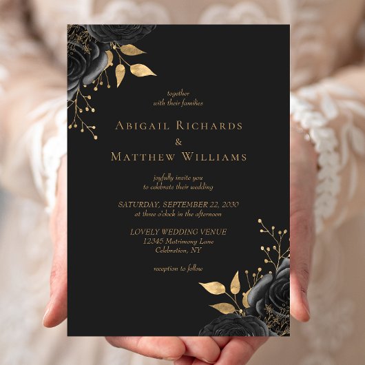Invitation Romantique Black Gold Floral Mariage foncé