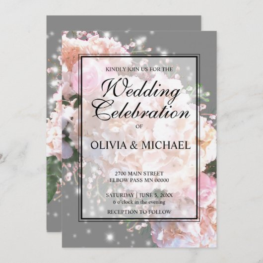 Invitation Romantique blanc & gris dentelle hydrangée roses r (Devant / Derrière)