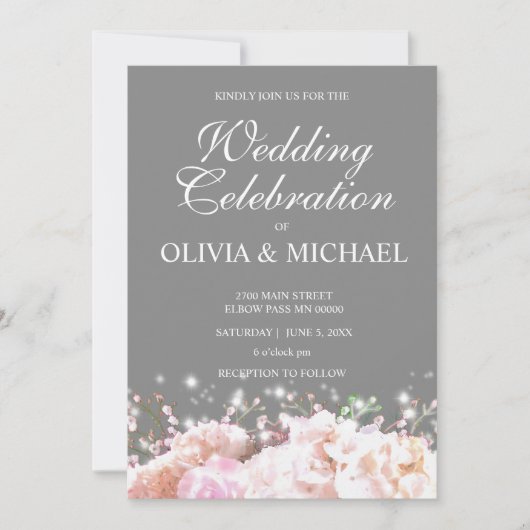 Invitation Romantique blanc & gris dentelle hydrangée roses r (Devant)