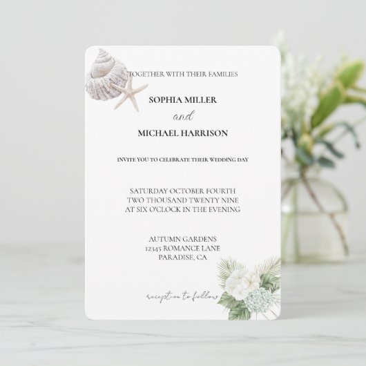 Invitation Romantique Blanc Hydrangea Fleurs Plage Mariage (Debout devant)