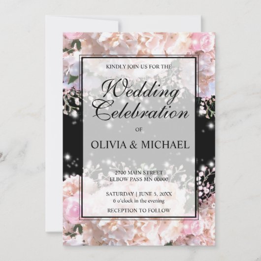 Invitation Romantique blanc & noir dentelle hydrangeas roses (Devant)
