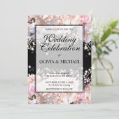 Invitation Romantique blanc & noir dentelle hydrangeas roses (Debout devant)