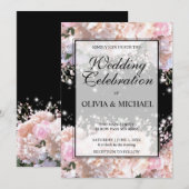 Invitation Romantique blanc & noir dentelle hydrangeas roses (Devant / Derrière)