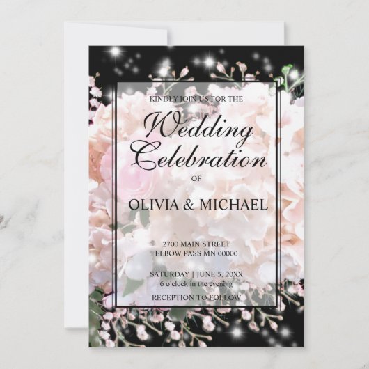 Invitation Romantique blanc & noir dentelle hydrangeas roses (Devant)