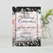 Invitation Romantique blanc & noir dentelle hydrangeas roses (Debout devant)