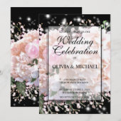 Invitation Romantique blanc & noir dentelle hydrangeas roses (Devant / Derrière)