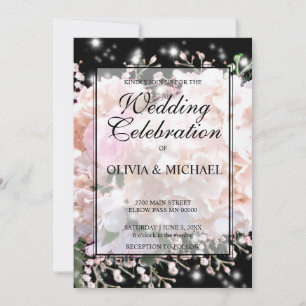 Invitation Romantique blanc & noir dentelle hydrangeas roses