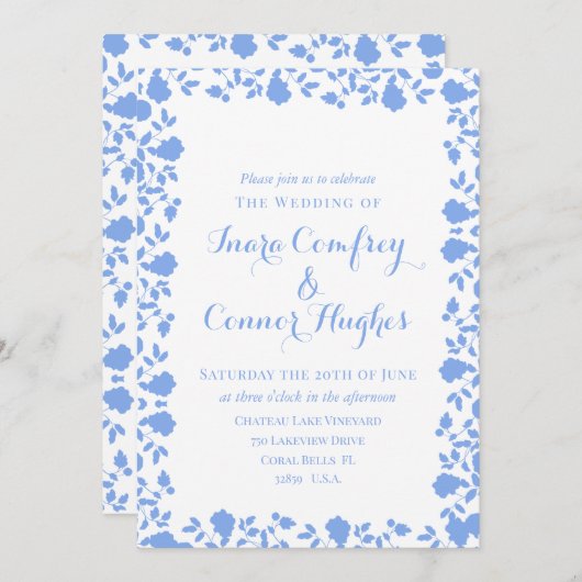 Invitation Romantique Bleu Bleu Blanc Plutôt Blanc Floral Mod (Devant / Derrière)