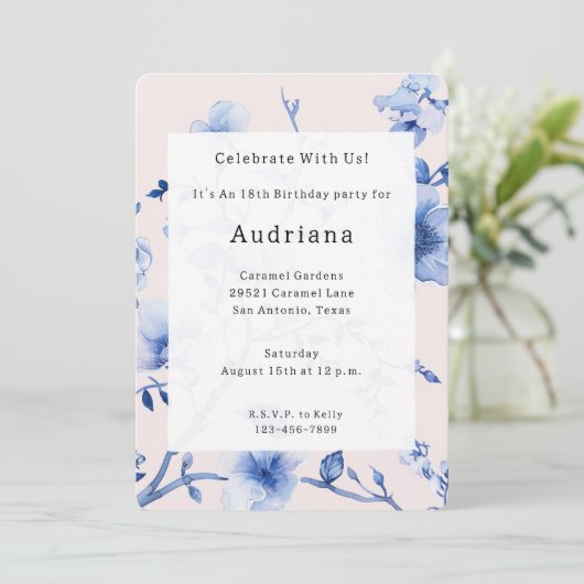 Invitation Romantique Bleu Bleu Floral Anniversaire (Debout devant)