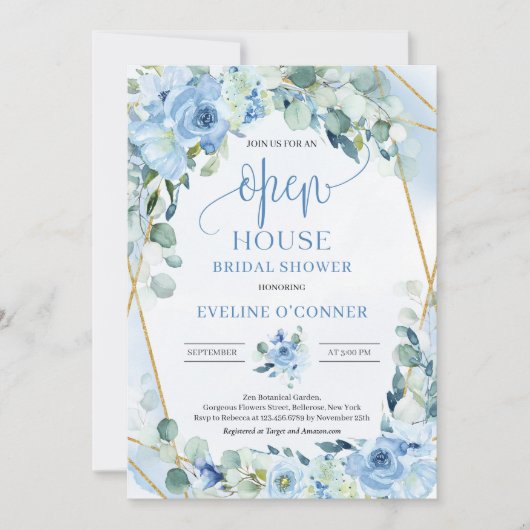 Invitation Romantique bleu floral eucalyptus or Open House (Devant)