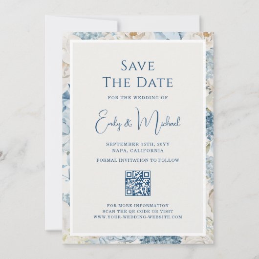 Invitation Romantique bleu floral photo QR Code