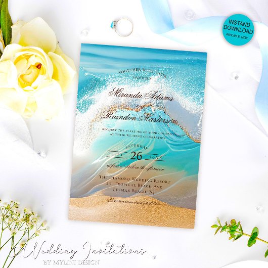 Invitation Romantique Bleu Océan Vagues Plage tropicale Maria
