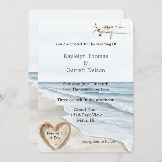 Invitation Romantique Blue Beach Ocean Avion Mariage de coeur (Devant / Derrière)