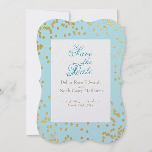 Invitation Romantique Blue Gold Confetti Enregistrer la date (Devant)