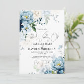 Invitation Romantique Blue Navy Floral Tout en 1 QR Code Mari (Debout devant)