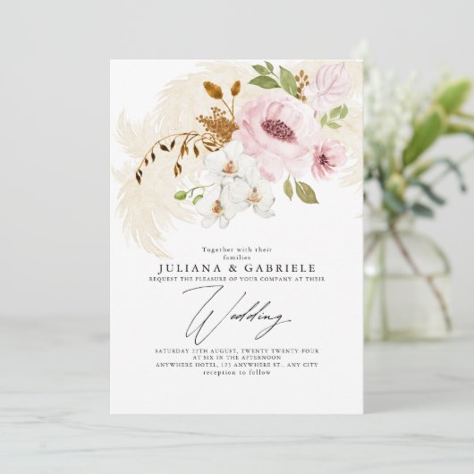 Invitation Romantique Blush Brown verdure Boho Floral Mariage (Debout devant)