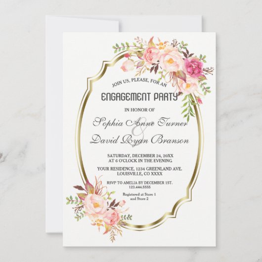 Invitation Romantique Blush rose Floral Gold Party (Devant)