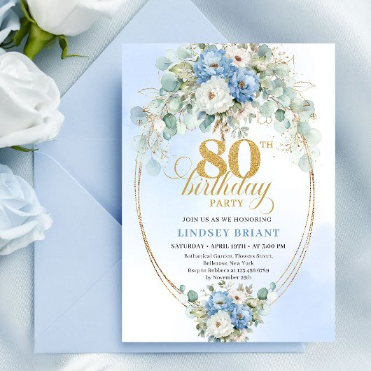 Invitation Romantique Boho Bleu Pivoines Or 80e Anniversaire