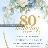 Invitation Romantique Boho Bleu Pivoines Or 80e Anniversaire