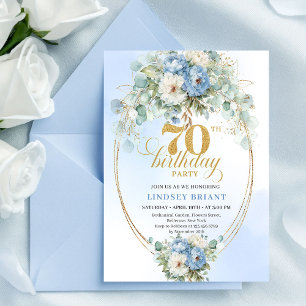 Invitation Romantique Boho Fleurs Bleu Clair 70e Anniversaire