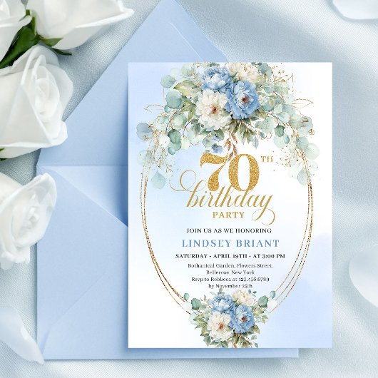 Invitation Romantique Boho Fleurs Bleu Clair 70e Anniversaire
