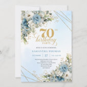 Invitation Romantique boho fleurs bleues cadre doré 70e anniv (Devant)