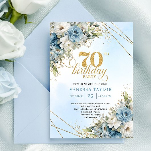 Invitation Romantique boho fleurs bleues cadre doré 70e anniv