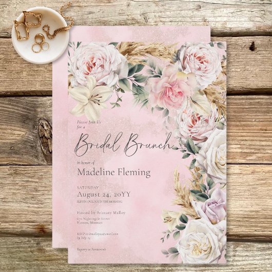 Invitation Romantique Boho Rose Roses & Pampas Brunch nuptial
