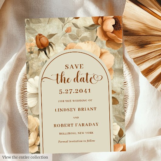 Invitation Romantique Boho Rouille Fleurs d'Ivoire Save The D