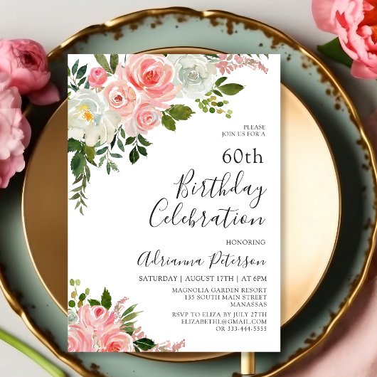 Invitation Romantique Botanique Blush Rose Floral 60e anniver