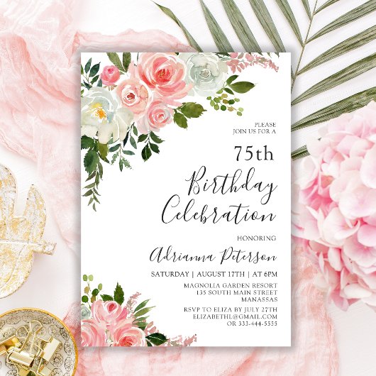 Invitation Romantique Botanique Blush Rose Floral 75e anniver