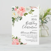 Invitation Romantique Botanique Blush Rose Floral 80e anniver (Debout devant)