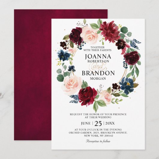 Invitation Romantique Bourgogne Blush Floral Mariage géométri (Devant / Derrière)