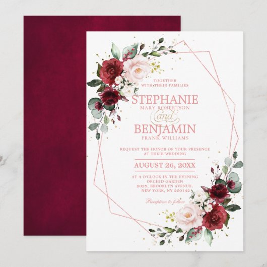 Invitation Romantique Bourgogne Blush Floral Rose Or géométri (Devant / Derrière)