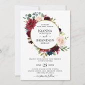 Invitation Romantique Bourgogne Blush Navy Mariage floral ble (Devant)