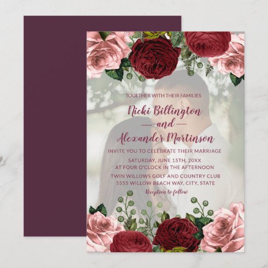 Invitation Romantique Bourgogne Blush Pink Floral Mariage pho (Devant / Derrière)