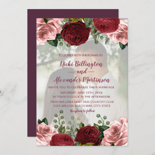 Invitation Romantique Bourgogne Blush Pink Floral Mariage pho