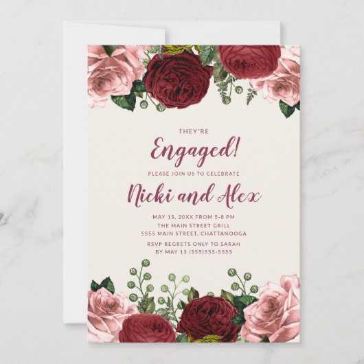 Invitation Romantique Bourgogne Blush rose Fiançailles Floral (Devant)
