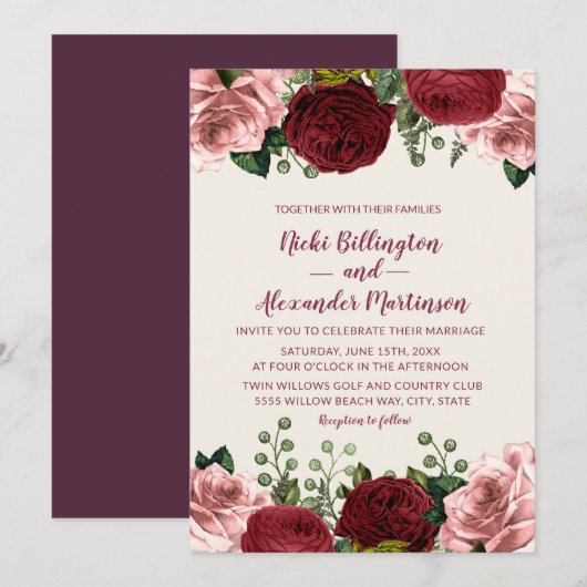 Invitation Romantique Bourgogne Blush rose Mariage Floral (Devant / Derrière)