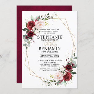 Invitation Romantique Bourgogne Floral Fiançailles géométriqu