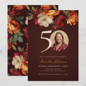 Invitation Romantique Bourgogne florale Photo 50e anniversair (Devant / Derrière)
