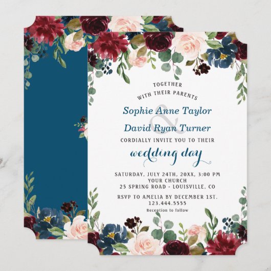 Invitation Romantique Bourgogne Marine bleu Blush Floral Mari (Devant / Derrière)