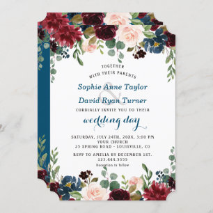 Invitation Romantique Bourgogne Marine bleu Blush Floral Mari