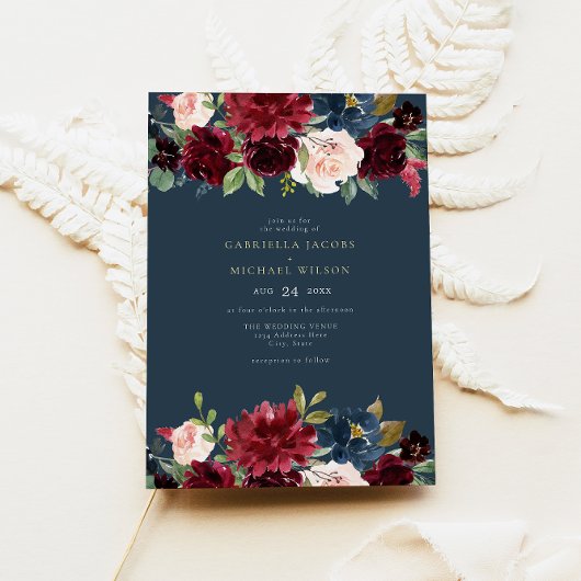 Invitation Romantique Bourgogne Marine Blush Floral Garden Ma