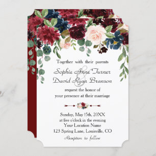 Invitation Romantique Bourgogne Marine Mariage floral bleu