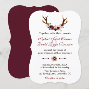 Invitation Romantique Bourgogne Marsala Floral Antlers Mariag