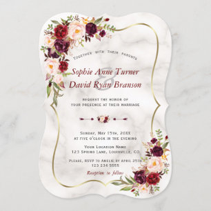 Invitation Romantique Bourgogne rose Fleurs Mariage en marbre
